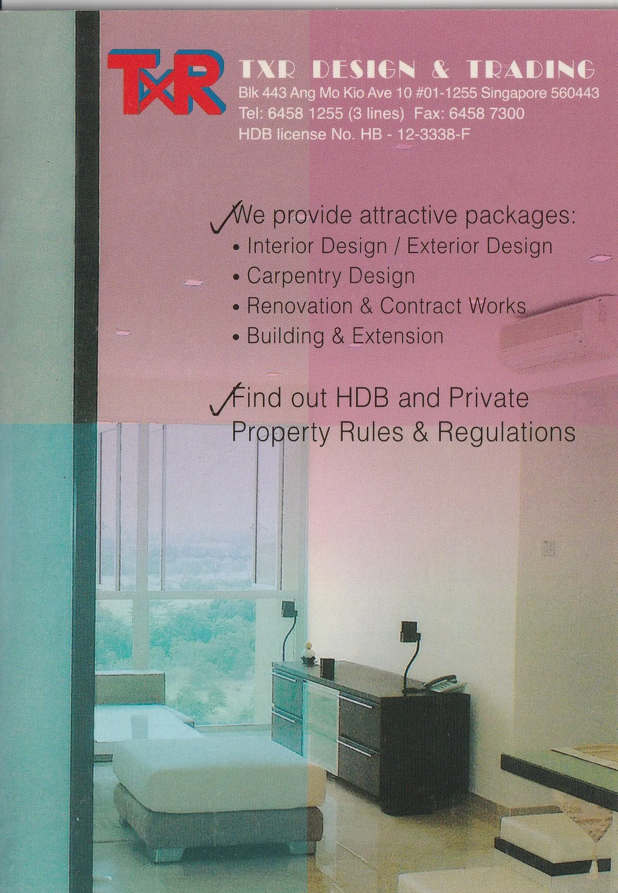 Front cover of the original TXR Design & Trading brochure listing services and HDB licence number