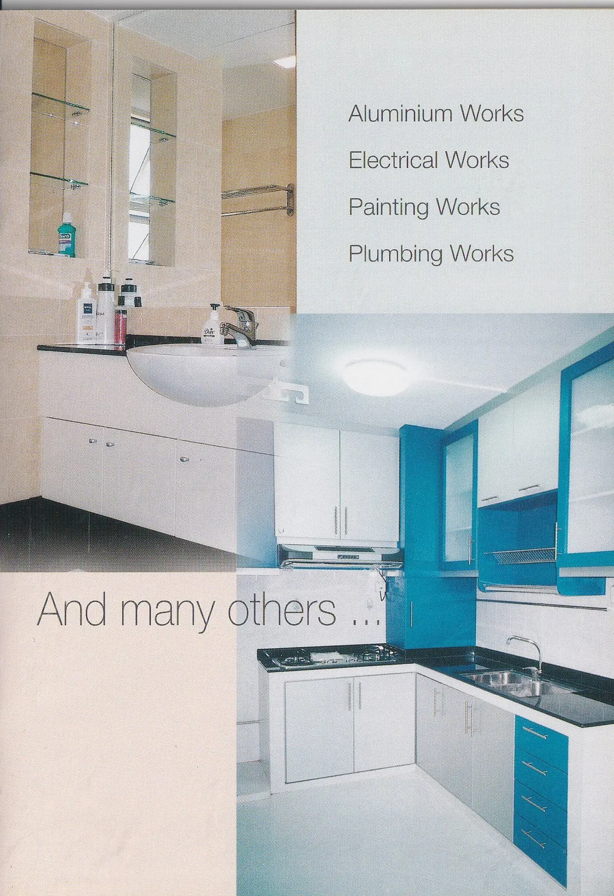 Brochure page listing aluminium, electrical, painting, and plumbing works with kitchen and bathroom photos