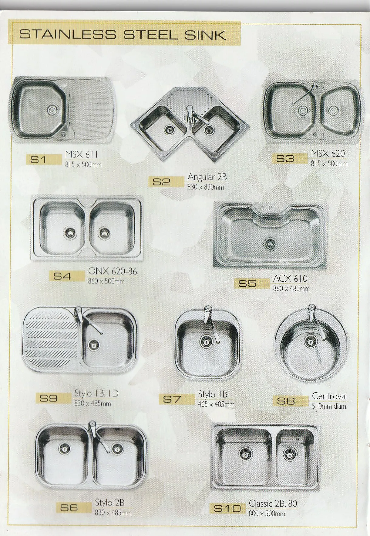 Product catalogue page showing ten stainless steel kitchen sink models
